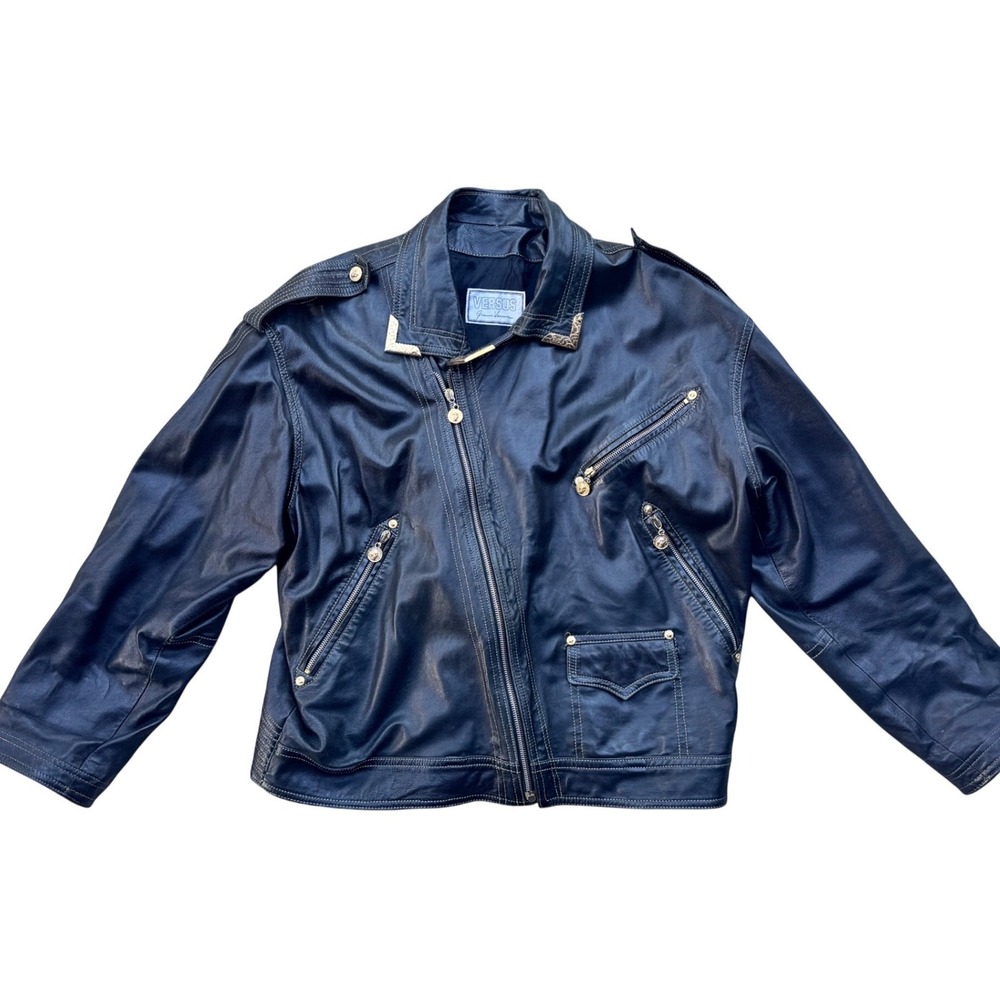 Versus Gianni Versace Vintage Black Leather Jacket Gold Lion Hardware Italy L